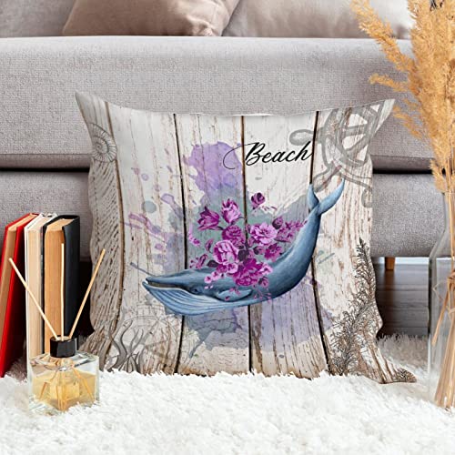 Watercolor Purple Flower Whale Throw Pillow Cushion with Zippe Ocean Decor Sofa Pillow Dolphin Vintage Pillow Sham for Living Room Bedroom White Linen 16x16in Home Decoration Pillow Birthday Gift