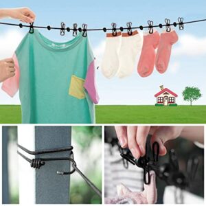 FYY Clothesline, Portable Elastic Travel Camping Clothes line with 12 Black Clips, Retractable Laundry Drying line for Home, Backyard, Hotel, Outdoor and Indoor Use (Black)