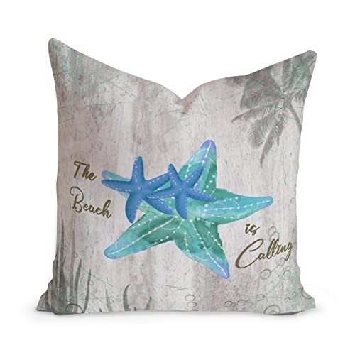 WoGuangis Beach House Throw Pillow Cushion The Beach is Calling Starfish White Linen Pillow Covers Starfish Sea Life Farmhouse Toss Pillows with Zippe for Sofa Living Room 20x20in Housewarming Gift