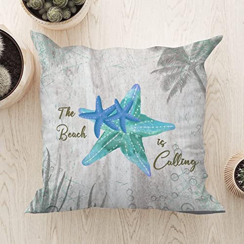 WoGuangis Beach House Throw Pillow Cushion The Beach is Calling Starfish White Linen Pillow Covers Starfish Sea Life Farmhouse Toss Pillows with Zippe for Sofa Living Room 20x20in Housewarming Gift