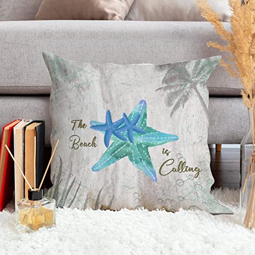 WoGuangis Beach House Throw Pillow Cushion The Beach is Calling Starfish White Linen Pillow Covers Starfish Sea Life Farmhouse Toss Pillows with Zippe for Sofa Living Room 20x20in Housewarming Gift