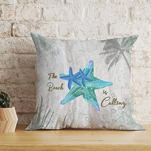 WoGuangis Beach House Throw Pillow Cushion The Beach is Calling Starfish White Linen Pillow Covers Starfish Sea Life Farmhouse Toss Pillows with Zippe for Sofa Living Room 20x20in Housewarming Gift
