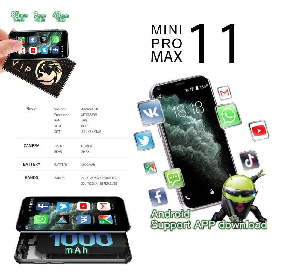 Mini Smartphone iLight 11 Pro Max The World's Smallest 11Pro Android Mobile Phone Super Small Micro 2.5" Touch Screen Global Unlocked Great for Kids 1GB RAM / 8GB ROM Tiny iPhone XI Pro Max Look Alike