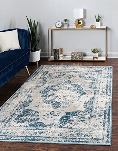 Rugs.com Monte Carlo Collection Rug – 5' x 8' Blue Medium Rug Perfect for Living Rooms, Large Dining Rooms, Open Floorplans