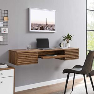 modway render 60" mid-century modern wall-mount office desk in walnut