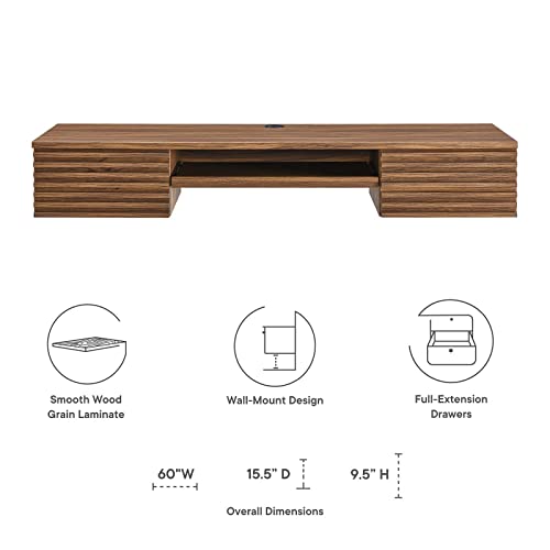 Modway Render 60" Mid-Century Modern Wall-Mount Office Desk in Walnut