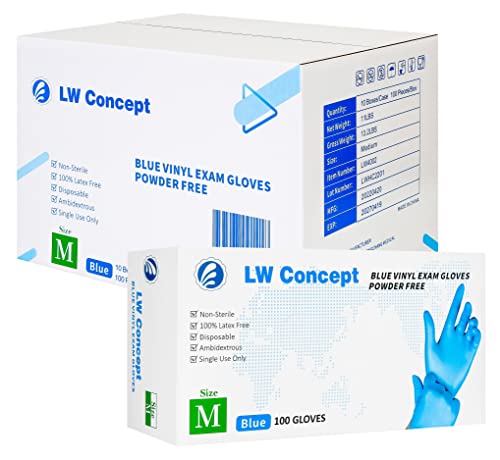 LW Concept Blue Vinyl Exam Gloves for Medical/Food Safe/Cleaning/Handling Use Multipurpose Latex & Powder Free, 4.5 mil (LW4002, Medium)