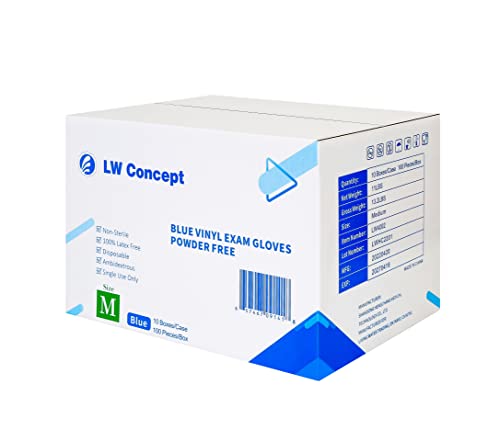 LW Concept Blue Vinyl Exam Gloves for Medical/Food Safe/Cleaning/Handling Use Multipurpose Latex & Powder Free, 4.5 mil (LW4002, Medium)