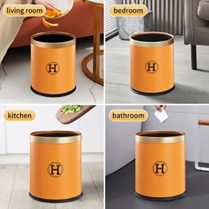 Round Trash Can, 3 Gallon Bedroom Garbage Can, Office Waste Basket for Living Room, Plastic Garbage Bin Without Lid, Dual Layer Small Waste Bin with Gold Edge for Bathroom, Kitchen, Hotel (Orange)