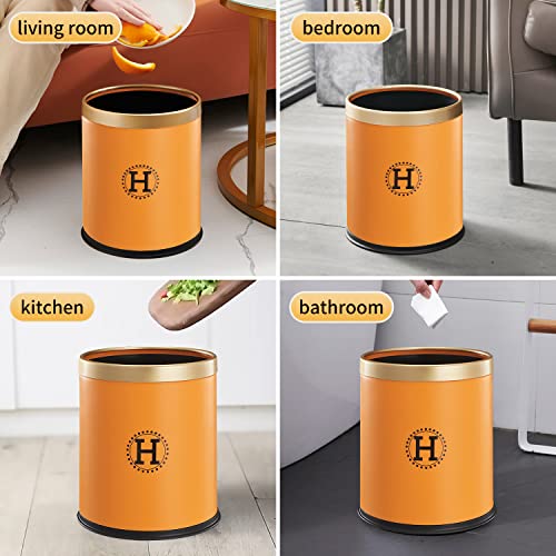 Round Trash Can, 3 Gallon Bedroom Garbage Can, Office Waste Basket for Living Room, Plastic Garbage Bin Without Lid, Dual Layer Small Waste Bin with Gold Edge for Bathroom, Kitchen, Hotel (Orange)