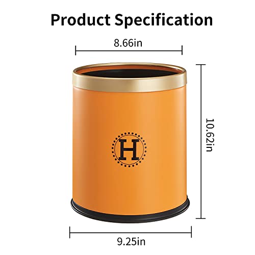 Round Trash Can, 3 Gallon Bedroom Garbage Can, Office Waste Basket for Living Room, Plastic Garbage Bin Without Lid, Dual Layer Small Waste Bin with Gold Edge for Bathroom, Kitchen, Hotel (Orange)