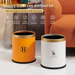 Round Trash Can, 3 Gallon Bedroom Garbage Can, Office Waste Basket for Living Room, Plastic Garbage Bin Without Lid, Dual Layer Small Waste Bin with Gold Edge for Bathroom, Kitchen, Hotel (Orange)