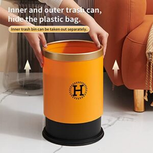 Round Trash Can, 3 Gallon Bedroom Garbage Can, Office Waste Basket for Living Room, Plastic Garbage Bin Without Lid, Dual Layer Small Waste Bin with Gold Edge for Bathroom, Kitchen, Hotel (Orange)