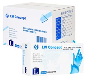 lw concept blue vinyl exam gloves for medical/food safe/cleaning/handling use multipurpose latex & powder free, 4.5 mil (lw4003, large)