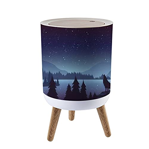 Small Trash Can with Lid for Bathroom Kitchen Office Diaper mountains landscape flat Night nature scenery fir trees hills horizon Bedroom Garbage Trash Bin Dog Proof Waste Basket Cute Decorative