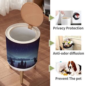 Small Trash Can with Lid for Bathroom Kitchen Office Diaper mountains landscape flat Night nature scenery fir trees hills horizon Bedroom Garbage Trash Bin Dog Proof Waste Basket Cute Decorative