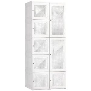 homcom portable wardrobe closet, folding bedroom armoire, clothes storage organizer with cube compartments, hanging rod, magnet doors, white