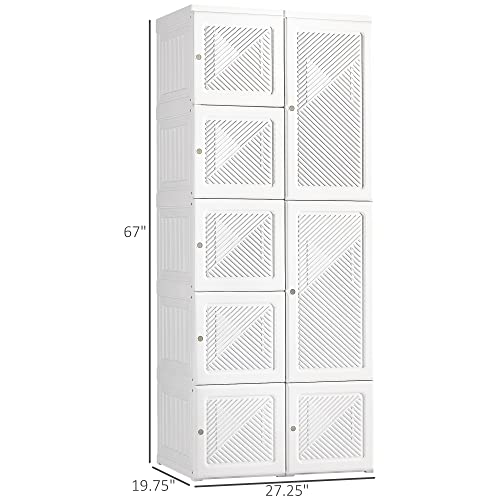 HOMCOM Portable Wardrobe Closet, Folding Bedroom Armoire, Clothes Storage Organizer with Cube Compartments, Hanging Rod, Magnet Doors, White