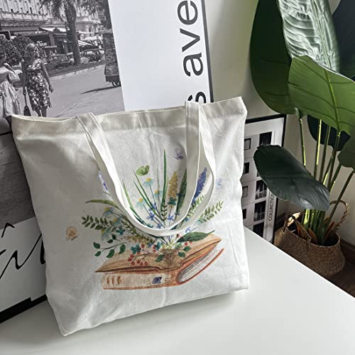 Lioying Canvas Tote Bag for Women, Reusable Grocery Bags Cute Tote Shoulder Bag Personalized Gifts with Zipper for Women Girl