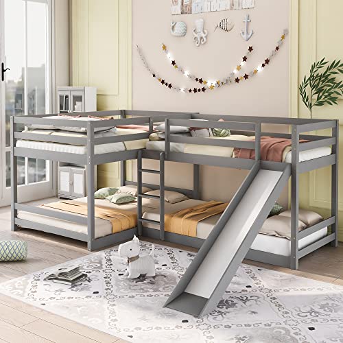 Quad Bunk Beds with Slide, L Shape Bunk Bed for 4, Full Over Full Bunk Bed & Twin Over Twin Bunk Bed, Wood Corner Bunk Beds for Kids Boys Girls Teens (4 Beds, Gray)