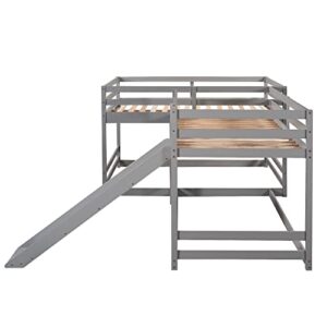 Quad Bunk Beds with Slide, L Shape Bunk Bed for 4, Full Over Full Bunk Bed & Twin Over Twin Bunk Bed, Wood Corner Bunk Beds for Kids Boys Girls Teens (4 Beds, Gray)