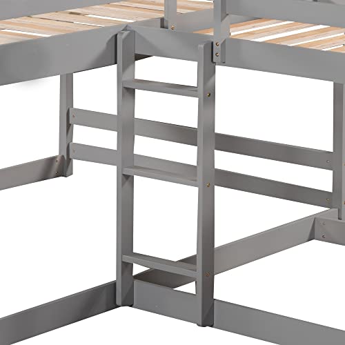 Quad Bunk Beds with Slide, L Shape Bunk Bed for 4, Full Over Full Bunk Bed & Twin Over Twin Bunk Bed, Wood Corner Bunk Beds for Kids Boys Girls Teens (4 Beds, Gray)