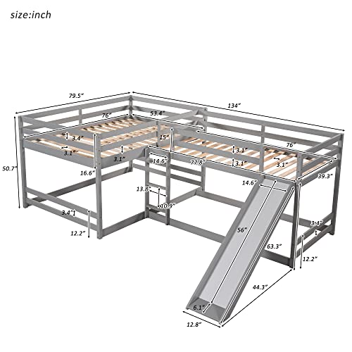 Quad Bunk Beds with Slide, L Shape Bunk Bed for 4, Full Over Full Bunk Bed & Twin Over Twin Bunk Bed, Wood Corner Bunk Beds for Kids Boys Girls Teens (4 Beds, Gray)