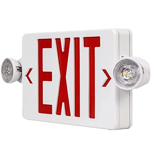 LED Exit Sign with Emergency Light, Red Exit Sign Light with 90 Minute Battery Backup, Red Letter Emergency Exit Sign Light with Two Adjustable Heads, AC 120-277V, UL Listed (1-Pack)