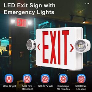 LED Exit Sign with Emergency Light, Red Exit Sign Light with 90 Minute Battery Backup, Red Letter Emergency Exit Sign Light with Two Adjustable Heads, AC 120-277V, UL Listed (1-Pack)