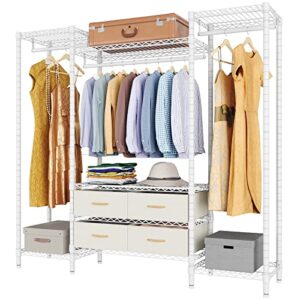 vipek v20i wire garment rack heavy duty clothes rack metal clothing rack with adjustable shelves hanging rods & fabric drawers, compact freestanding bedroom armoires closet storage organizer, white