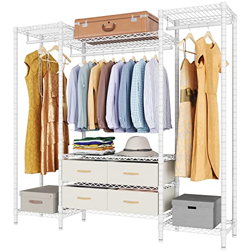 VIPEK V20i Wire Garment Rack Heavy Duty Clothes Rack Metal Clothing Rack with Adjustable Shelves Hanging Rods & Fabric Drawers, Compact Freestanding Bedroom Armoires Closet Storage Organizer, White