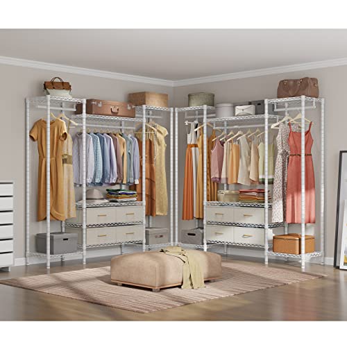 VIPEK V20i Wire Garment Rack Heavy Duty Clothes Rack Metal Clothing Rack with Adjustable Shelves Hanging Rods & Fabric Drawers, Compact Freestanding Bedroom Armoires Closet Storage Organizer, White