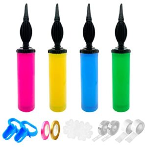 4 pack balloon pump hand held for ballons inflatable 2-way dual action inflator air pump with 2 pcs balloon tape strip, 2 pcs tie tools, 2 pcs flower clip, 200 dot glue, 2 rolls ribbons