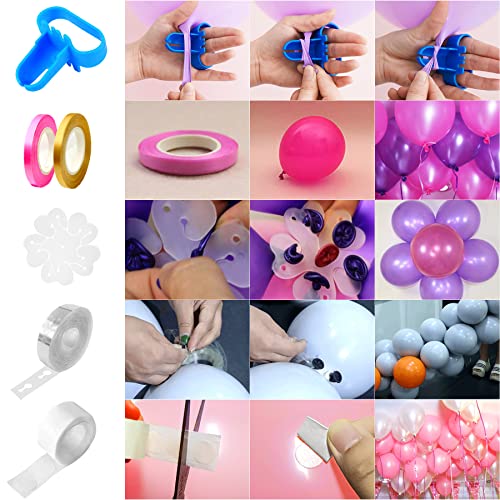 4 Pack Balloon Pump Hand Held for Ballons Inflatable 2-Way Dual Action Inflator Air Pump with 2 Pcs Balloon Tape Strip, 2 Pcs Tie Tools, 2 Pcs Flower Clip, 200 Dot Glue, 2 Rolls Ribbons