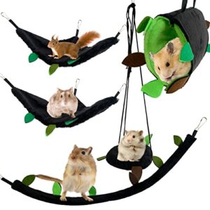 muyg hamster hammock,small animal hanging hideout tunnel sleeping set plush swing warm bed house cage nest accessories for sugar glider,squirrel,black(5 pcs)