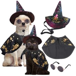 dog halloween costumes for small medium dogs cats boy girls cute pumpkin spider puppy hat glasses witch cape plaid necktie pet halloween cosplay clothes outfits apparels (hat + glasses + cape)