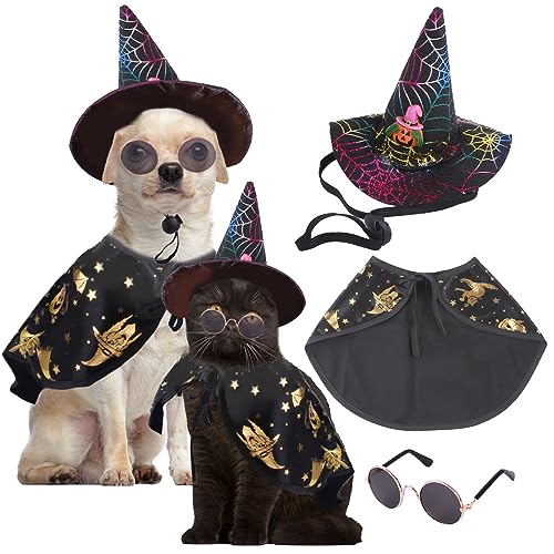 Dog Halloween Costumes for Small Medium Dogs Cats Boy Girls Cute Pumpkin Spider Puppy Hat Glasses Witch Cape Plaid Necktie Pet Halloween Cosplay Clothes Outfits Apparels (hat + Glasses + Cape)