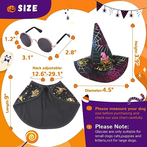 Dog Halloween Costumes for Small Medium Dogs Cats Boy Girls Cute Pumpkin Spider Puppy Hat Glasses Witch Cape Plaid Necktie Pet Halloween Cosplay Clothes Outfits Apparels (hat + Glasses + Cape)