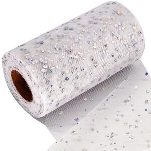 glitter tulle fabric rolls 6 inch 50 yards (150ft) sparkling ribbon sequin polka dots netting spool for diy tutu skirt wedding baby shower bow easter party decoration crafts, 21 colors, white