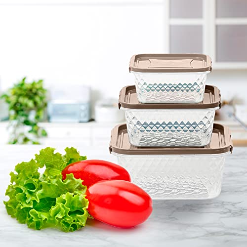 Plasvale Food Storage Plastic Containers Set of Crystal Line - 6 Pieces - Microwave, Freezer and Dishwasher Safe - BPA Free (Brown)