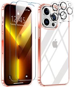 spidercase [3 in 1 designed for iphone 13 pro max case, [crystal clear not yellowing][with 2 pcs tempered glass screen protectors & 2 pcs camera lens protectors] slim thin case (rose gold)