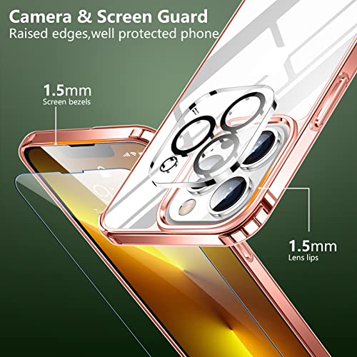 SPIDERCASE [3 in 1 Designed for iPhone 13 Pro Max Case, [Crystal Clear Not Yellowing][with 2 Pcs Tempered Glass Screen Protectors & 2 Pcs Camera Lens Protectors] Slim Thin Case (Rose Gold)