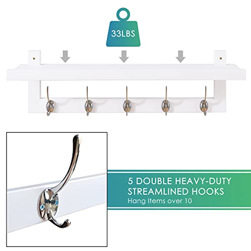 SMIBUY Coat Hooks with Shelf Wall-Mounted, 29.2 Inch Entryway Coat Rack for Wall, Bamboo Hanging Shelf with 5 Double Metal Hooks for Bathroom, Bedroom, Kitchen, Living Room, Mudroom (White)