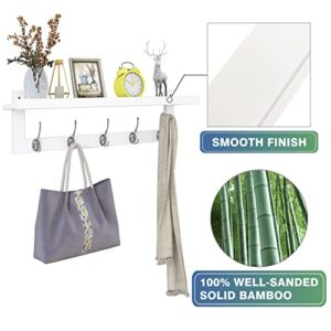 SMIBUY Coat Hooks with Shelf Wall-Mounted, 29.2 Inch Entryway Coat Rack for Wall, Bamboo Hanging Shelf with 5 Double Metal Hooks for Bathroom, Bedroom, Kitchen, Living Room, Mudroom (White)