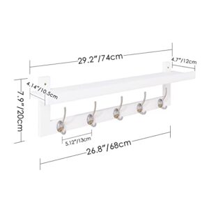 SMIBUY Coat Hooks with Shelf Wall-Mounted, 29.2 Inch Entryway Coat Rack for Wall, Bamboo Hanging Shelf with 5 Double Metal Hooks for Bathroom, Bedroom, Kitchen, Living Room, Mudroom (White)