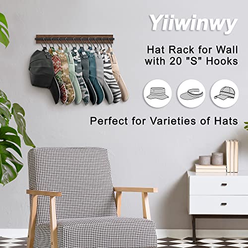 Yiiwinwy Hat Rack for Wall Baseball Caps Organizer Wall-Mounted Hat Hanger Set of 2, Retro Wooden Hat Organizer for Door Closet, Cowboy Hats Holder Bedroom Entryway Storage Racks with 20 Hooks(Brown)