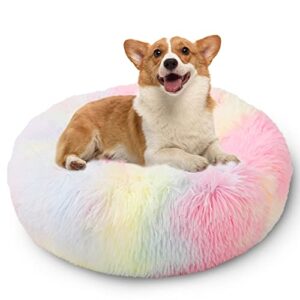 luciphia round dog cat bed donut cuddler, faux fur plush pet cushion for large medium small dogs, self-warming and cozy for improved sleep gradient rainbow, small (20" x20")
