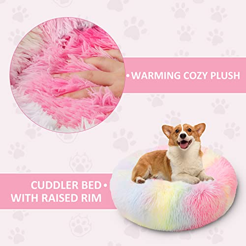Luciphia Round Dog Cat Bed Donut Cuddler, Faux Fur Plush Pet Cushion for Large Medium Small Dogs, Self-Warming and Cozy for Improved Sleep Gradient Rainbow, Small (20" x20")