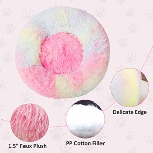 Luciphia Round Dog Cat Bed Donut Cuddler, Faux Fur Plush Pet Cushion for Large Medium Small Dogs, Self-Warming and Cozy for Improved Sleep Gradient Rainbow, Small (20" x20")