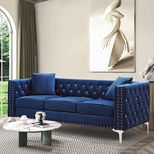 mikibama Velvet Sofa with Jeweled Buttons and Square Arms 82.3 Inch Tufted Couch with Trimmed Nailhead and Metal Legs 3 Person Couch with 2 Pillows for Living Room, Bedroom and Office (Blue)